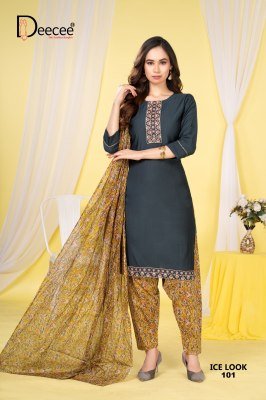 DeeCee Ice Look Vatican Fabric Patiala Suit Set Computer Embroidered Neck Cotton Patiyala And Border  Cotton Printed Dupatta Wholesale kurtis catalogs