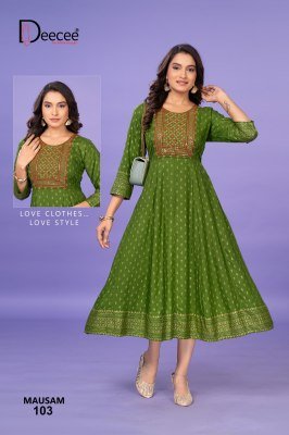Deece Mausam Luxe Heavy Rayon Kali Kurti Gold Printed  Sequin Neck And Kasab Detailing Wholesale kurtis catalogs
