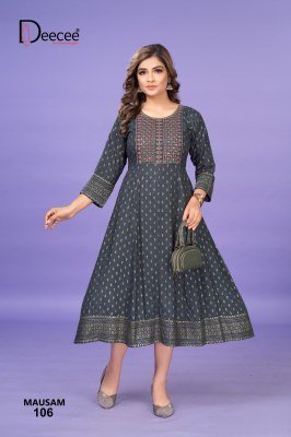 Deece Mausam Luxe Heavy Rayon Kali Kurti Gold Printed  Sequin Neck And Kasab Detailing Wholesale kurtis catalogs