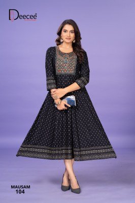 Deece Mausam Luxe Heavy Rayon Kali Kurti Gold Printed  Sequin Neck And Kasab Detailing Wholesale kurtis catalogs