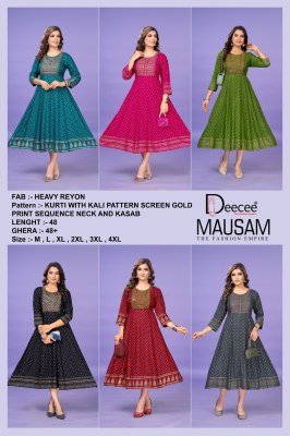 Deece Mausam Luxe Heavy Rayon Kali Kurti Gold Printed  Sequin Neck And Kasab Detailing Wholesale kurtis catalogs