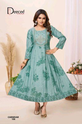 Deecee Carnivar Roman Silk Foil Print Kali Style Flared Kurti kurtis catalogs