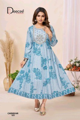 Deecee Carnivar Roman Silk Foil Print Kali Style Flared Kurti kurtis catalogs
