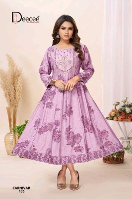 Deecee Carnivar Roman Silk Foil Print Kali Style Flared Kurti kurtis catalogs