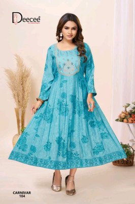 Deecee Carnivar Roman Silk Foil Print Kali Style Flared Kurti kurtis catalogs