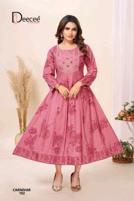 Deecee Carnivar Roman Silk Foil Print Kali Style Flared Kurti kurtis catalogs