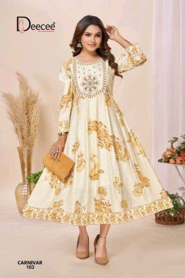 Deecee Carnivar Roman Silk Foil Print Kali Style Flared Kurti kurtis catalogs