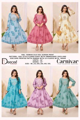 Deecee Carnivar Roman Silk Foil Print Kali Style Flared Kurti kurtis catalogs