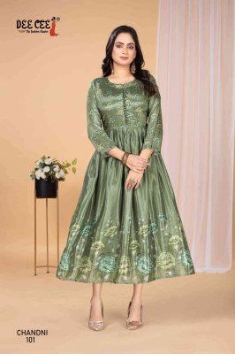 Deecee Chandni Stylon Silk Digital Print Flared Long Kurti with Inner And Potli Button Detailing Wholesale  kurtis catalogs