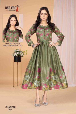 Deecee Chandni Stylon Silk Digital Print Flared Long Kurti with Inner And Potli Button Detailing Wholesale  kurtis catalogs