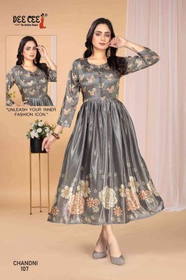 Deecee Chandni Stylon Silk Digital Print Flared Long Kurti with Inner And Potli Button Detailing Wholesale  kurtis catalogs