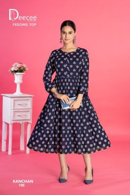 Deecee Kanchan  Rayon Print Three Layered Flared Feeding Kurti with Button Patti and Loop Luppi Wholesale kurtis catalogs
