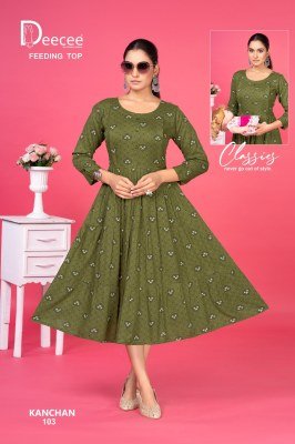 Deecee Kanchan  Rayon Print Three Layered Flared Feeding Kurti with Button Patti and Loop Luppi Wholesale kurtis catalogs