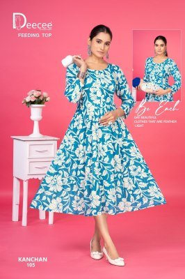 Deecee Kanchan  Rayon Print Three Layered Flared Feeding Kurti with Button Patti and Loop Luppi Wholesale kurtis catalogs