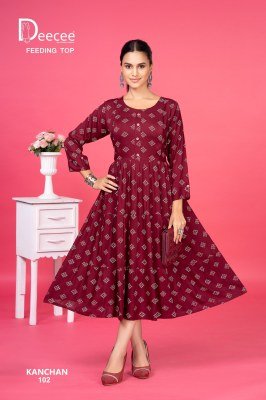 Deecee Kanchan  Rayon Print Three Layered Flared Feeding Kurti with Button Patti and Loop Luppi Wholesale kurtis catalogs