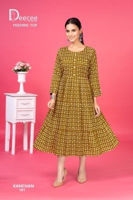 Deecee Kanchan  Rayon Print Three Layered Flared Feeding Kurti with Button Patti and Loop Luppi Wholesale kurtis catalogs