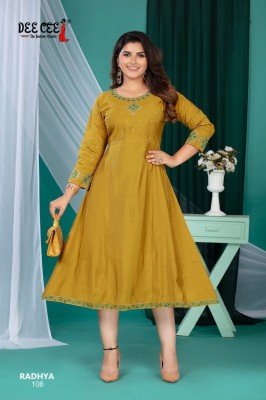 Deecee Radhya Roman Silk Flared Kali Style Long Kurti with Inner And Computer Embroidery Sequence Neck Work Wholesale kurtis catalogs