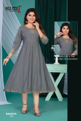 Deecee Radhya Roman Silk Flared Kali Style Long Kurti with Inner And Computer Embroidery Sequence Neck Work Wholesale kurtis catalogs
