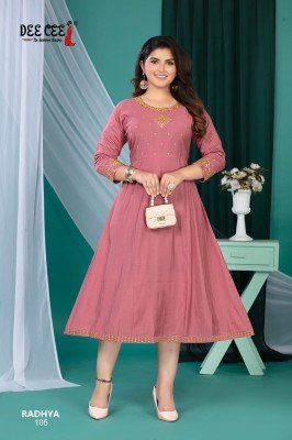 Deecee Radhya Roman Silk Flared Kali Style Long Kurti with Inner And Computer Embroidery Sequence Neck Work Wholesale kurtis catalogs