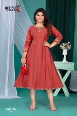 Deecee Radhya Roman Silk Flared Kali Style Long Kurti with Inner And Computer Embroidery Sequence Neck Work Wholesale kurtis catalogs