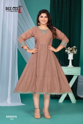 Deecee Radhya Roman Silk Flared Kali Style Long Kurti with Inner And Computer Embroidery Sequence Neck Work Wholesale kurtis catalogs
