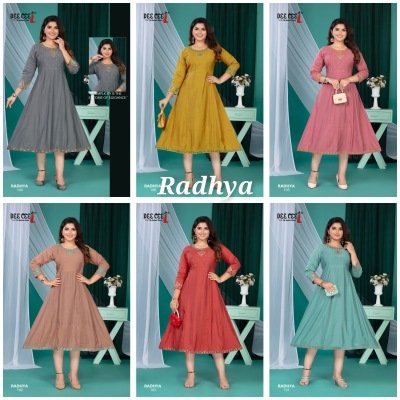 Deecee Radhya Roman Silk Flared Kali Style Long Kurti with Inner And Computer Embroidery Sequence Neck Work Wholesale kurtis catalogs