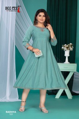 Deecee Radhya Roman Silk Flared Kali Style Long Kurti with Inner And Computer Embroidery Sequence Neck Work Wholesale kurtis catalogs