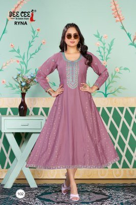 Deecee Ryna Roman Silk Flared Princess Cut Long Only Kurti with Embroidered Border And Screen Print Side Kali Wholesale kurtis catalogs