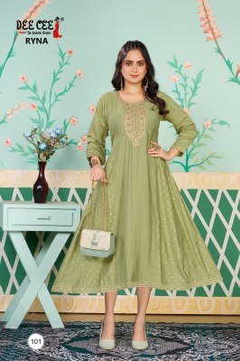 Deecee Ryna Roman Silk Flared Princess Cut Long Only Kurti with Embroidered Border And Screen Print Side Kali Wholesale kurtis catalogs