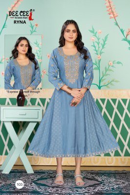 Deecee Ryna Roman Silk Flared Princess Cut Long Only Kurti with Embroidered Border And Screen Print Side Kali Wholesale kurtis catalogs