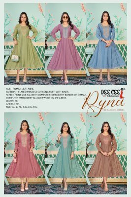 Deecee Ryna Roman Silk Flared Princess Cut Long Only Kurti with Embroidered Border And Screen Print Side Kali Wholesale kurtis catalogs