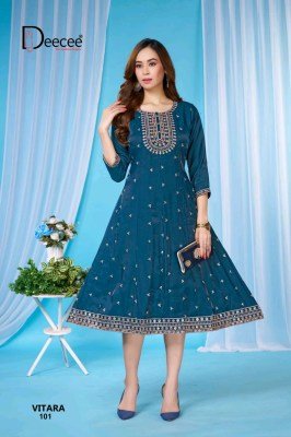Deecee Vitara Roman Glass Kali Style Flared Embroidered Kurti kurtis catalogs