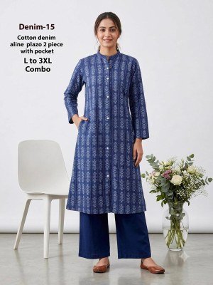 Denim 2-Piece Cotton Denim Chinese Collar Kurti Pant Set with Pocket 
