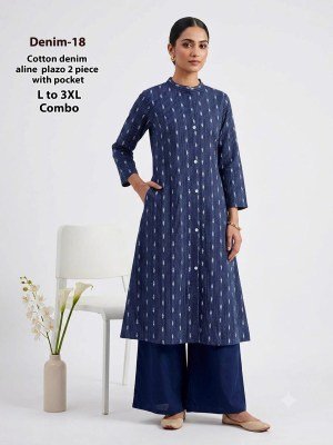 Denim 2-Piece Cotton Denim Chinese Collar Kurti Pant Set with Pocket Size wise Combo Set