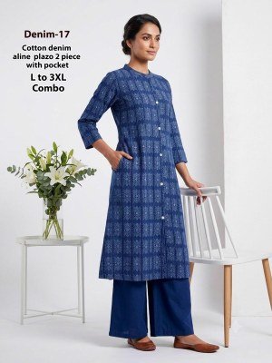 Denim 2-Piece Cotton Denim Chinese Collar Kurti Pant Set with Pocket Size wise Combo Set