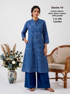 Denim 2-Piece Cotton Denim Chinese Collar Kurti Pant Set with Pocket Size wise Combo Set
