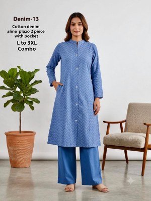 Denim 2-Piece Cotton Denim Chinese Collar Kurti Pant Set with Pocket Size wise Combo Set
