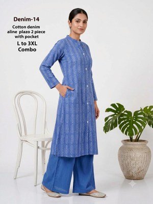 Denim 2-Piece Cotton Denim Chinese Collar Kurti Pant Set with Pocket Size wise Combo Set