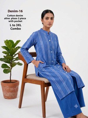 Denim 2-Piece Cotton Denim Chinese Collar Kurti Pant Set with Pocket Size wise Combo Set
