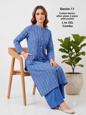 Denim 2-Piece Cotton Denim Chinese Collar Kurti Pant Set with Pocket Size wise Combo Set