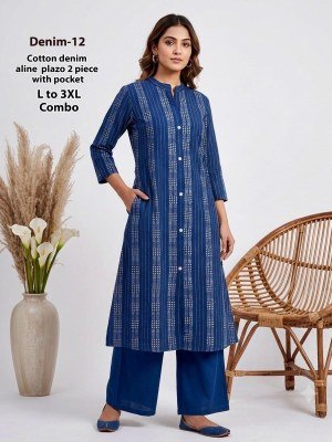 Denim 2-Piece Cotton Denim Chinese Collar Kurti Pant Set with Pocket Size wise Combo Set