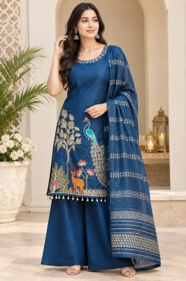 Design No. 2070 Premium Roman Silk 3 Piece Kurti Palazzo Suit with Dupatta Size wise Combo Set