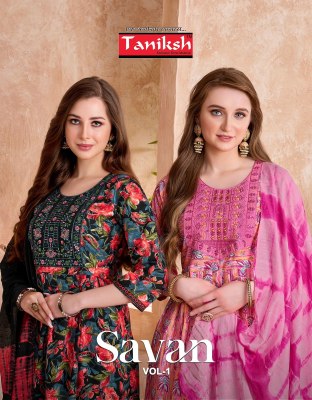 Designer Anarkali Suit Taniksh Savan Vol 1 Poly Viscose Print Embroidery Work Kurti Pant And Chanderi Dupatta Wholesale  wholesale catalogs