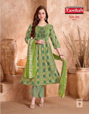 Designer Anarkali Suit Taniksh Savan Vol 1 Poly Viscose Print Embroidery Work Kurti Pant And Chanderi Dupatta Wholesale  kurtis catalogs