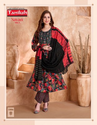 Designer Anarkali Suit Taniksh Savan Vol 1 Poly Viscose Print Embroidery Work Kurti Pant And Chanderi Dupatta Wholesale  kurtis catalogs