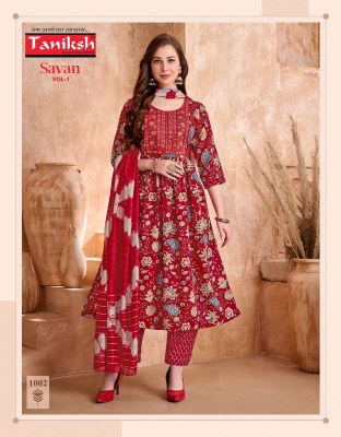 Designer Anarkali Suit Taniksh Savan Vol 1 Poly Viscose Print Embroidery Work Kurti Pant And Chanderi Dupatta Wholesale  kurtis catalogs