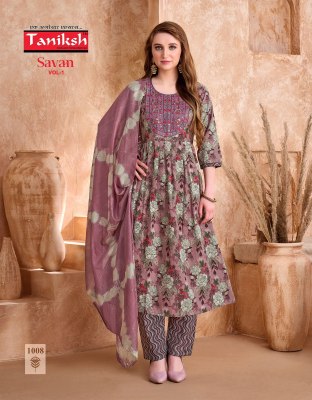 Designer Anarkali Suit Taniksh Savan Vol 1 Poly Viscose Print Embroidery Work Kurti Pant And Chanderi Dupatta Wholesale  kurtis catalogs