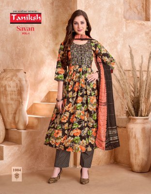 Designer Anarkali Suit Taniksh Savan Vol 1 Poly Viscose Print Embroidery Work Kurti Pant And Chanderi Dupatta Wholesale  kurtis catalogs