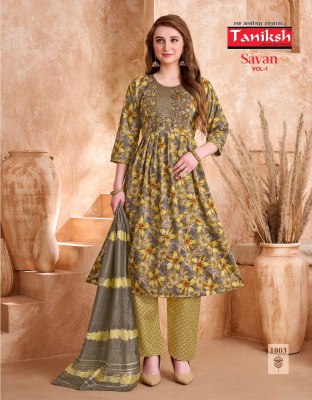 Designer Anarkali Suit Taniksh Savan Vol 1 Poly Viscose Print Embroidery Work Kurti Pant And Chanderi Dupatta Wholesale  kurtis catalogs