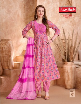 Designer Anarkali Suit Taniksh Savan Vol 1 Poly Viscose Print Embroidery Work Kurti Pant And Chanderi Dupatta Wholesale  kurtis catalogs